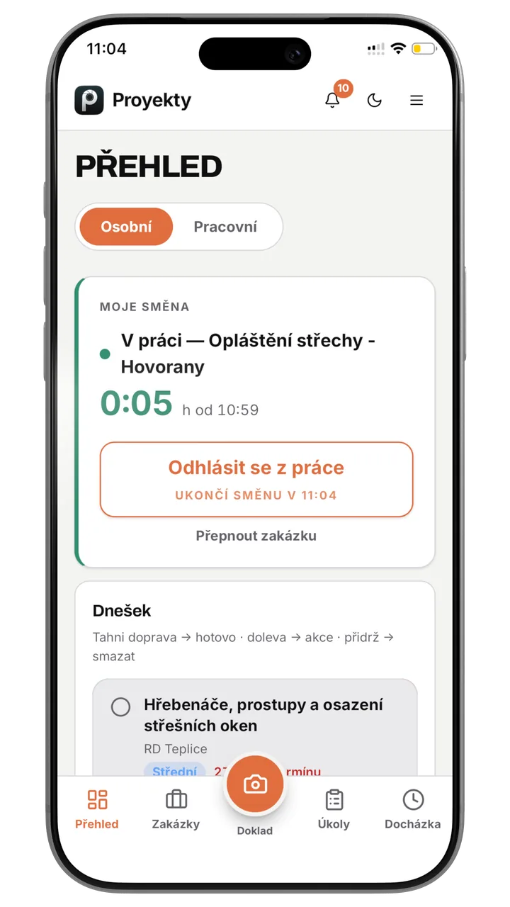 Přihlášení pracovníka do práce na zakázce